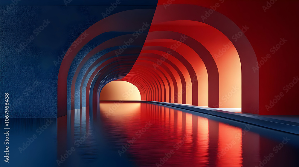 Poster 3d abstract architecture tunnel with red and blue walls