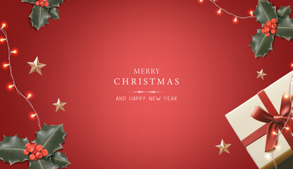 New Year 2025 banner with Christmas decorations, gift boxes on red background with lights.