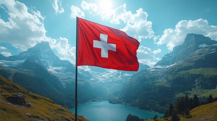 Swiss flag flying in front of picturesque mountain views, representing national pride and vacation tourism.
