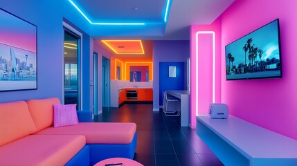 Modern Apartment Interior with Neon Lights