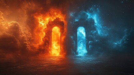 The gates to heaven and hell stand side by side, symbolizing the moral choice between good and evil in a religious and spiritual context.