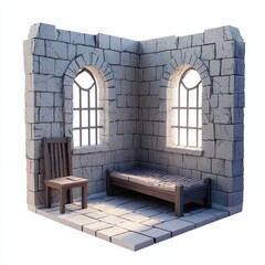 Low Poly 3D Render of a dungeon prison cell, on isolated white background