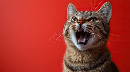 This ferocious cat hisses on a red background, showing its teeth in a dynamic and wild animal portrait that captures aggression.