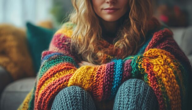 Cozy Knitting in Colorful Sweater Mindful Disconnect from Social Media - Powered by Adobe
