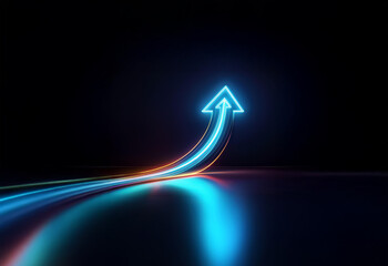 A bright blue neon arrow points upwards, leaving a glowing trail behind it.