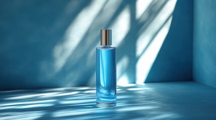 Transparent perfume bottle on a blue background, a clean mockup for branding beauty and skincare products.