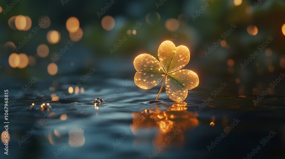 Poster a single three-leaf clover glows with a warm light, surrounded by shimmering water droplets and soft
