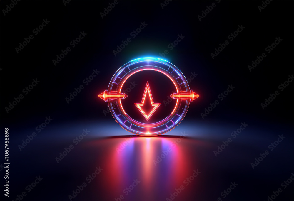 Poster a glowing red arrow pointing down inside a blue and red circle on a dark background. the arrow and c