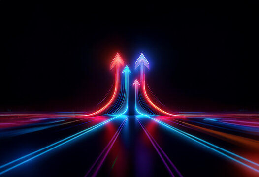 Three glowing arrows point upwards on a black background with streaks of light creating a futuristic, abstract scene.
