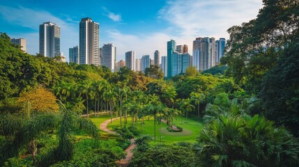 Fototapeta premium A panoramic view of a city park surrounded by tall buildings, offering a green oasis amidst the urban environment