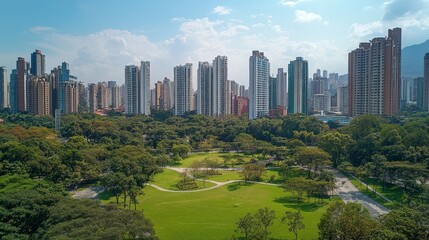 Fototapeta premium A panoramic view of a city park surrounded by tall buildings, offering a green oasis amidst the urban environment