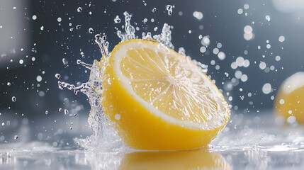 Zesty Lemon Splash: A vibrant half lemon creates a refreshing splash of water, capturing the essence of citrus freshness and juicy delight.