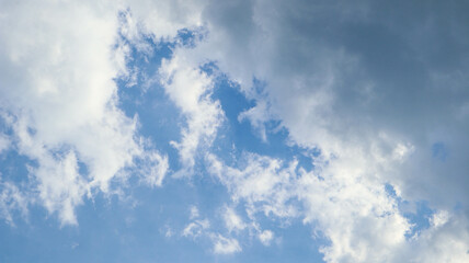 A serene sky with a mix of fluffy white clouds and patches of blue, creating a tranquil and calming atmosphere. Perfect for backgrounds, nature themes, and relaxation concepts.