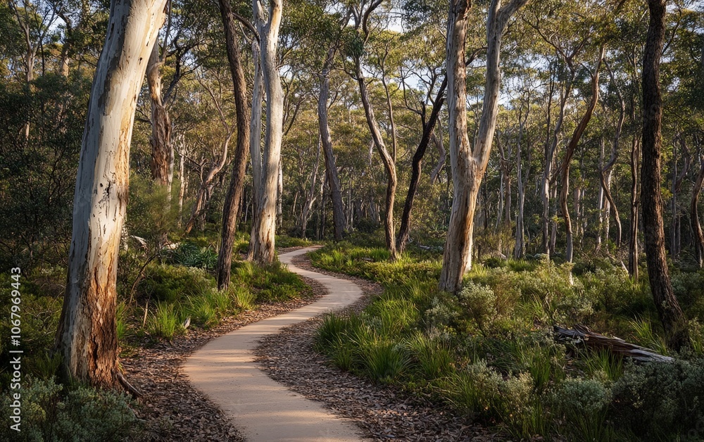 Poster a path winding through a forest of native trees, each tree supporting the surrounding ecosystem