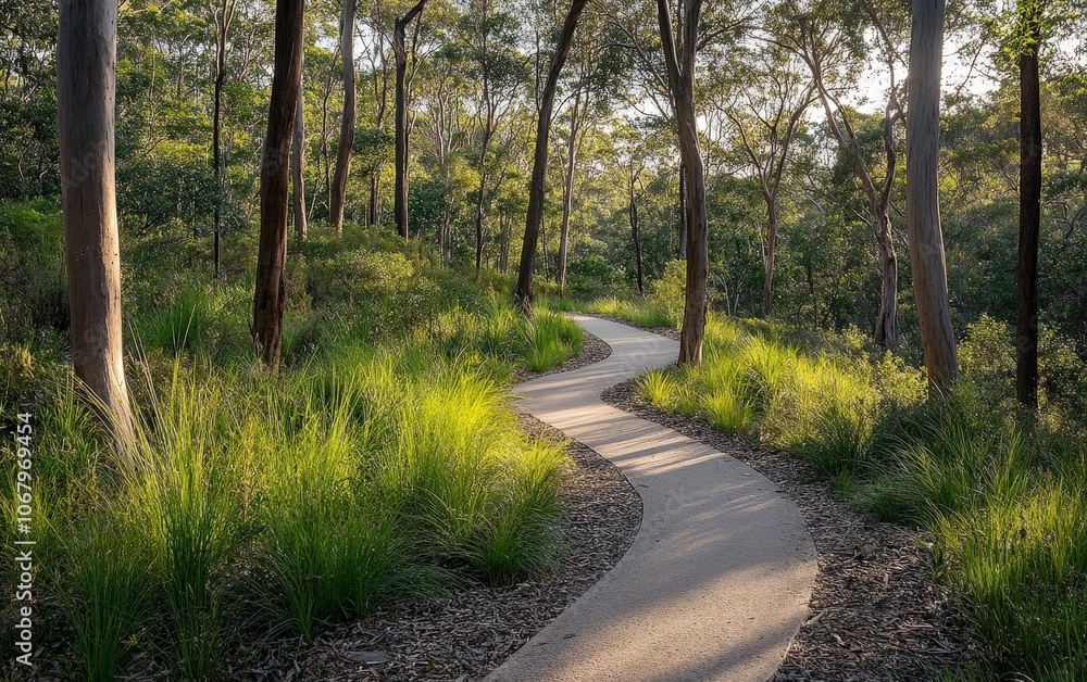 Poster a path winding through a forest of native trees, each tree supporting the surrounding ecosystem