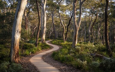 Obraz premium A path winding through a forest of native trees, each tree supporting the surrounding ecosystem