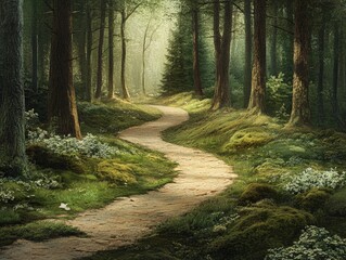 Obraz premium A peaceful path winding through a forest, surrounded by tall trees and soft green moss