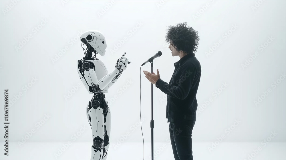 Poster human and robot duet: a futuristic and thought-provoking image of a human singer performing with a r