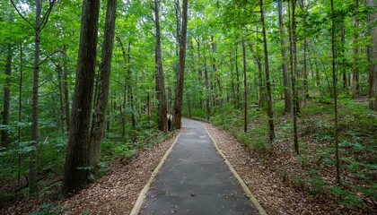 A bike trail leading through lush trees