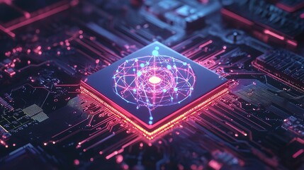 Obraz premium Chip and abstract digital atom icon on technology background