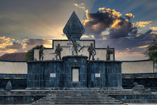 A commemoration monument of March 11th standing in the shadow of cloudy afternoon sky in Yogyakarta, 25 October 2024