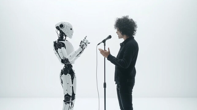 Human and Robot Duet: A futuristic and thought-provoking image of a human singer performing with a robot, raising questions about the future of music and the intersection of technology and creativity.