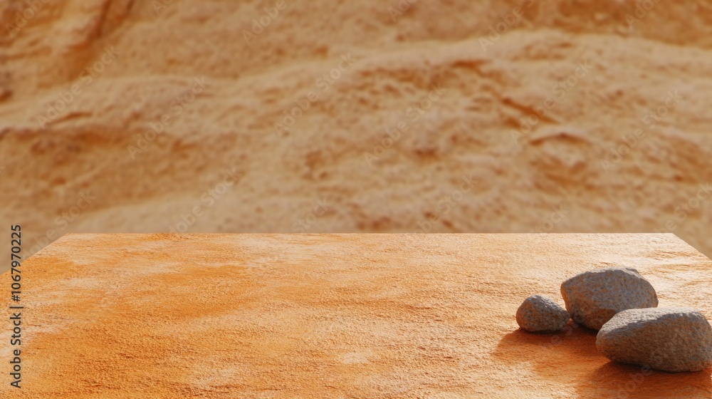 Poster rugged ochre sandstone table with sunlit desert background for product display