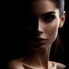 Fototapeta premium Mysterious woman's face in shadow with dramatic lighting and intense expression