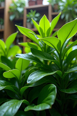 Obraz premium Vibrant indoor greenery in sunlit room with dewy leaves