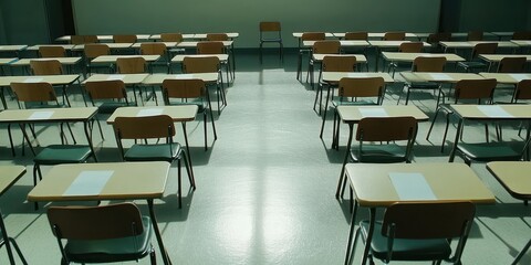 Traditional exam room layout with neatly aligned chairs and desks, representing the classic classroom setup for focused studying