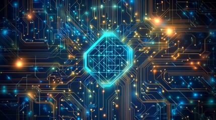 Fototapeta premium Semiconductor on circuit tech background AI chip lighting