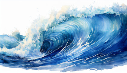 ocean wave curling in slow motion, The dynamic wave is rendered in shades of blue, creating a sense of motion and energy against a crisp white background, Beautiful watercolor painting, coastal art