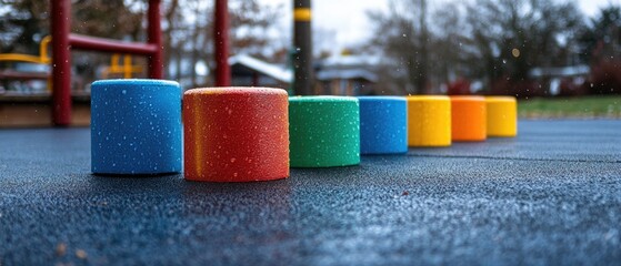 A row of colorful cylindrical blocks on a playground surface after a rain shower.