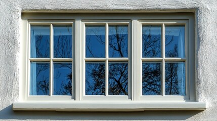 White window with three panes, reflecting blue sky and tree branches.