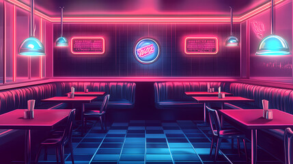 Retro neon diner diner interior with neon signs booths retro neon background theme. Neon. Illustration