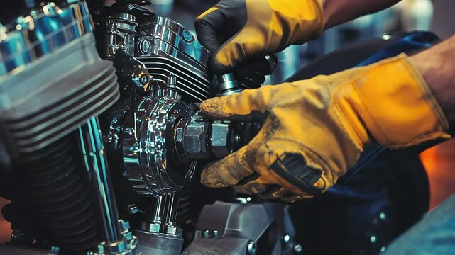 A close-up of a person wearing yellow gloves, working on a motorcycle engine, highlighting the intricate mechanics and craftsmanship involved in motorcycle maintenance.