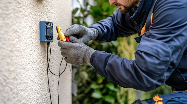 A professional repairing an outdoor electrical outlet, using insulated tools and a voltage tester