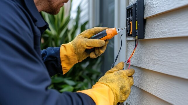 A professional repairing an outdoor electrical outlet, using insulated tools and a voltage tester