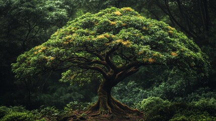 Fototapeta premium A rare tree species growing in a remote forest, its unique shape and vibrant foliage standing out