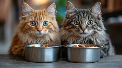 Two fluffy cats sit by their food bowls, creating a cute scene that highlights healthy eating habits for modern household pets.