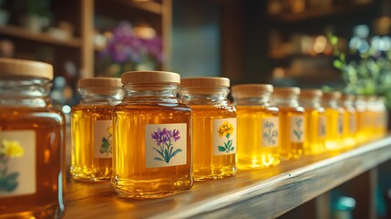 Close-up of small honey jars aligned in a row, clear labels showing floral origins, warm light emphasizing golden tones, rustic ambiance with wooden table, intricate label and jar details, hd quality.