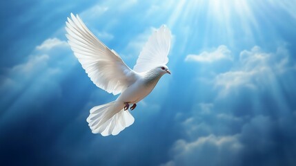 Obraz premium A white dove in flight against a blue sky with bright sun rays.