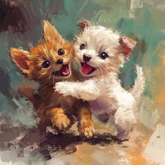 Detailed of Friendly Cat and Dog Interacting Harmoniously oil painting