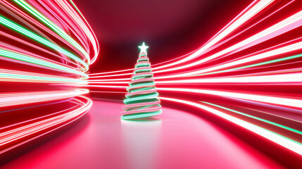 3D Christmas tree neon lights merry xmas new year abstract festive fashion red green banner glossy wallpaper bar club celebrate background with copy space