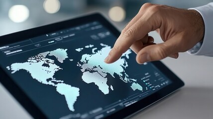 Businessman pointing to tablet with global risk data, world map focus, analysis meeting concept