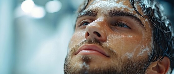 Close up of a man's face covered in soap suds while showering.