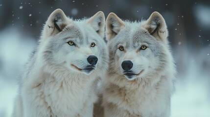 Obraz premium Two wild arctic wolves in a snowy forest, perfect for wildlife-themed banners, posters, or greeting cards promoting nature conservation, habitat protection, or animal awareness campaigns.