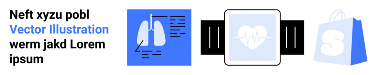 Features a lung diagnostic report, a smart watch displaying heart rate, and a shopping bag with an S indicating online shopping. Ideal for healthcare, fitness, technology, e-commerce, lifestyle