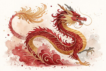 Watercolor Lunar New Year Dragon Illustration - Traditional Chinese Zodiac Symbol, Vietnamese Tet Festival Dragon on White Background