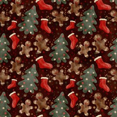 A festive Christmas pattern with Trees, Stockings, and Gingerbread Cookies for holiday cheer